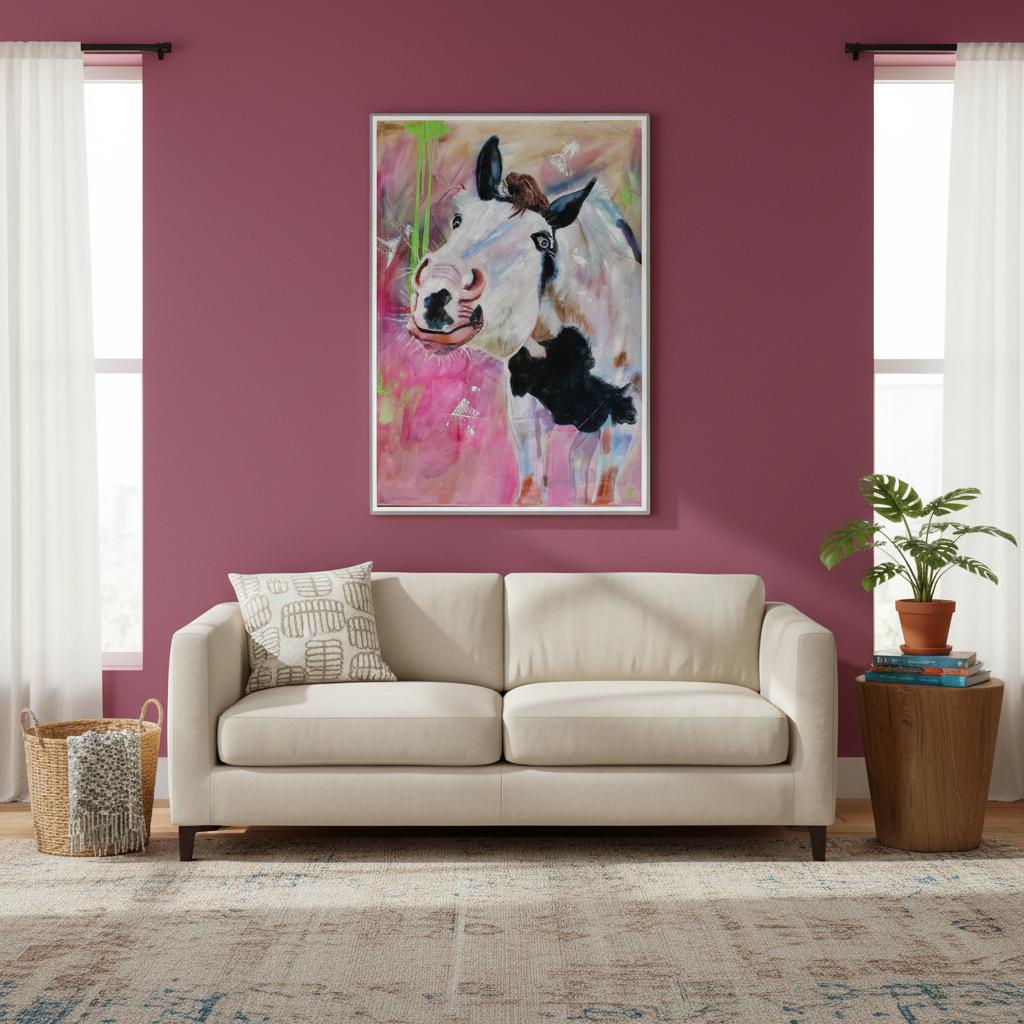 contemporary painting of a white and black paint horse with pink background by Antje Reitler Art
