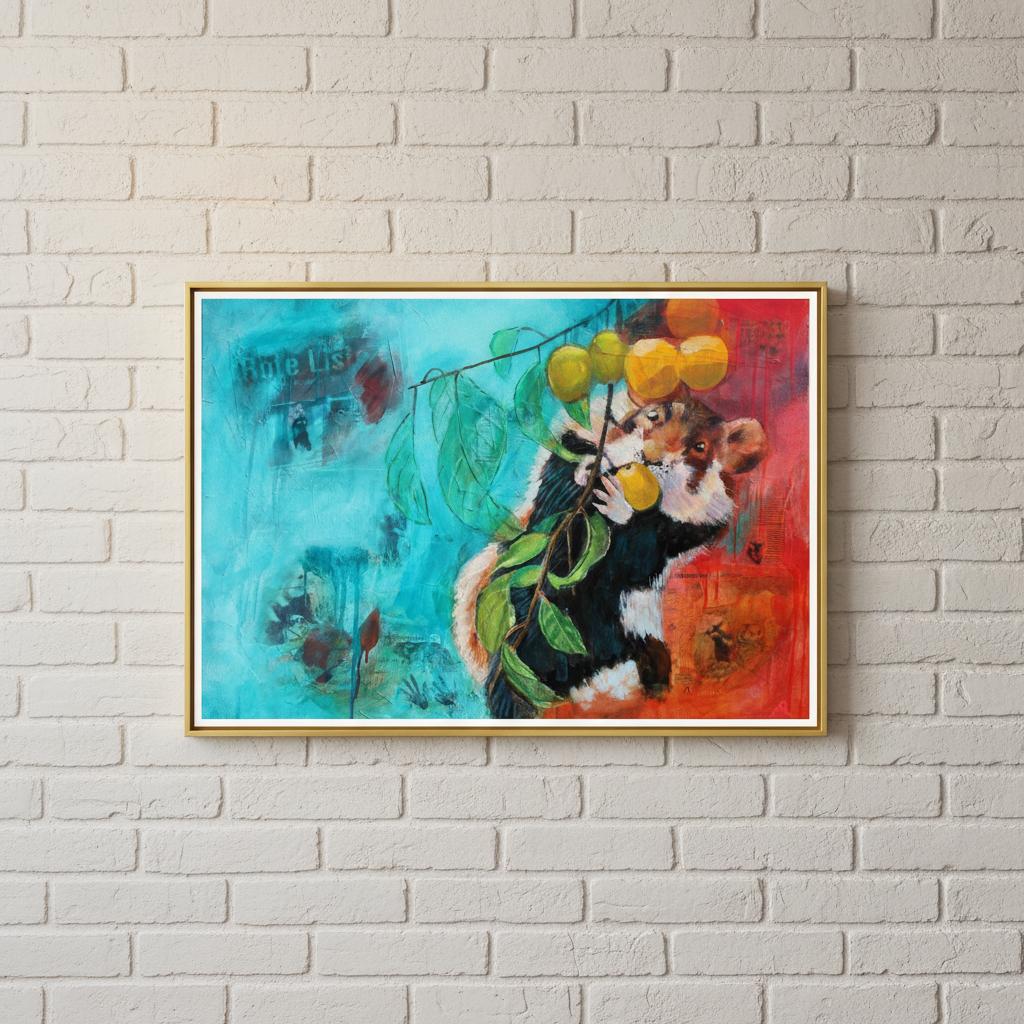 contemporary painting of a hamster eating mirabelles with blue and orange background by Antje Reitler Art