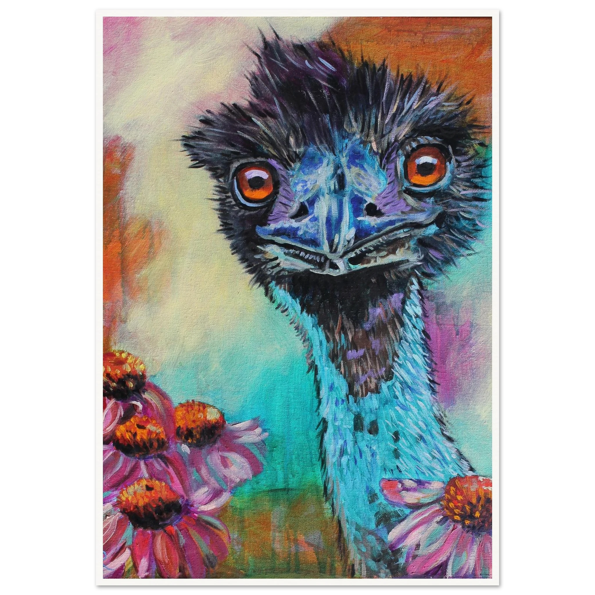 contemporary painting of an Emu with Echinacea flowers by Antje Reitler Art