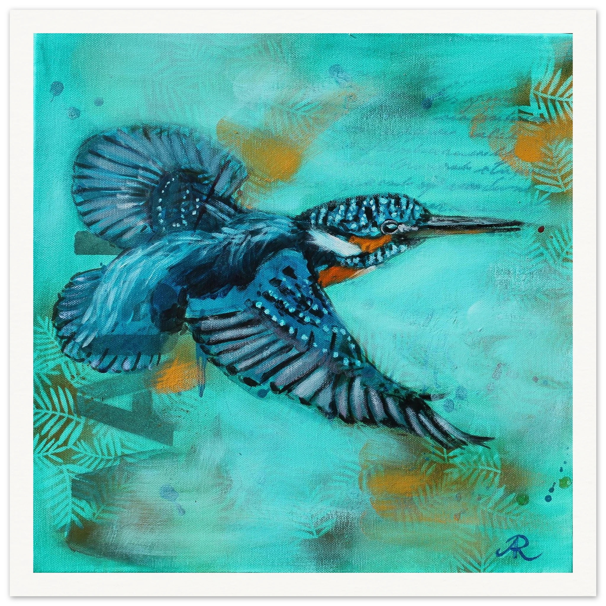 contemporary painting of a Kingfisher with turquoise green background by Antje Reitler Art