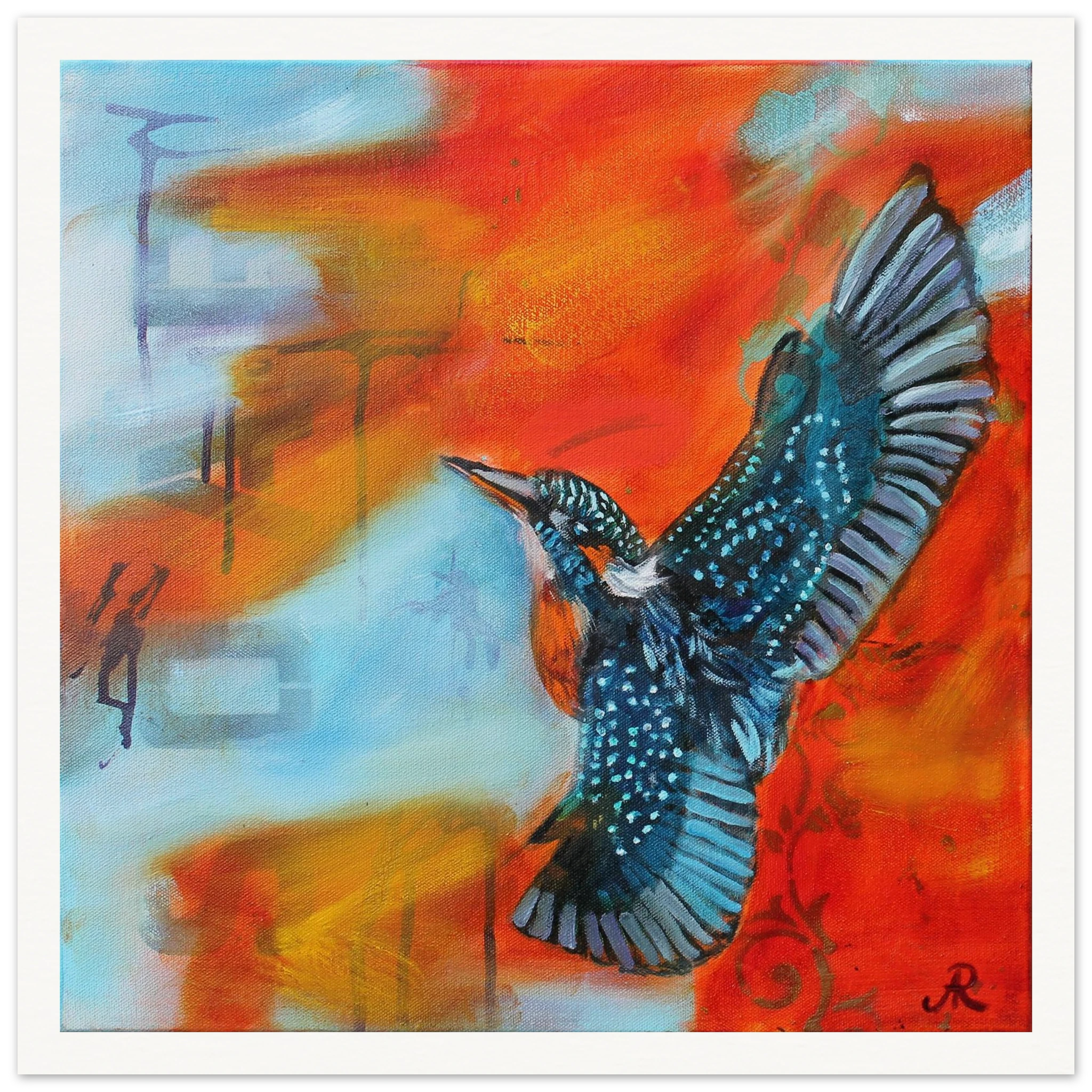 contemporary Painting of a Kingfisher with orange blue background by Antje Reitler Art
