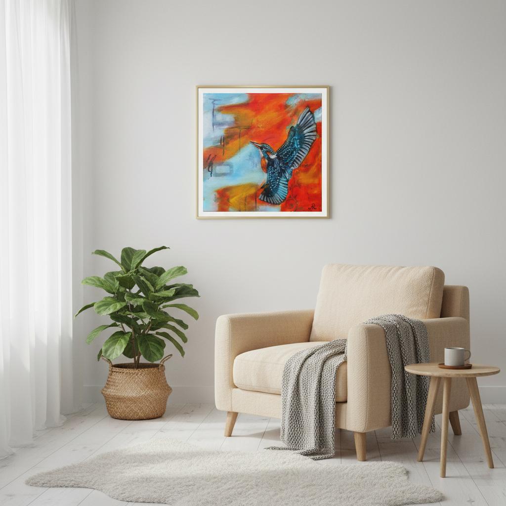 contemporary Painting of a Kingfisher with orange blue background by Antje Reitler Art