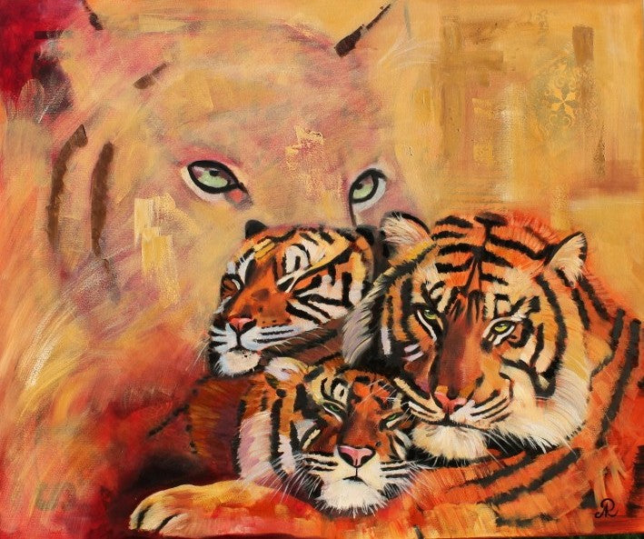 Tiger family painting in warm ochre and orange tones, contemporary mixed media and oil painting on canvas, by Antje Reitler