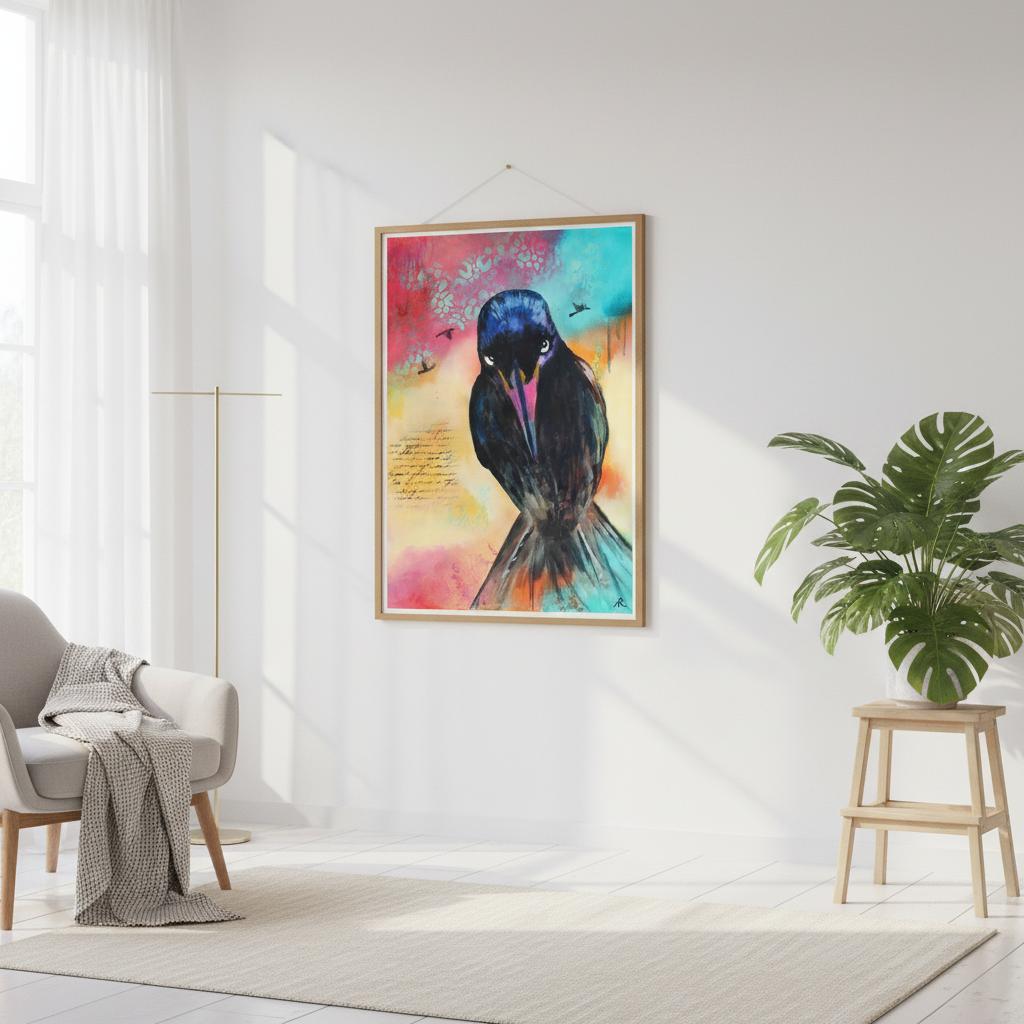 contemporary painting of a black bird with multi colored background by Antje Reitler Art