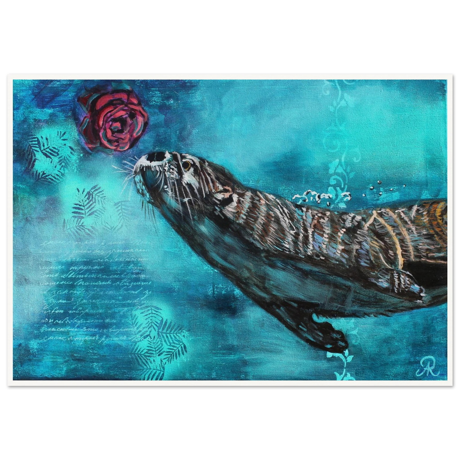 contemporary painting of an otter smelling a red rose with blue turquoise background by Antje Reitler Art