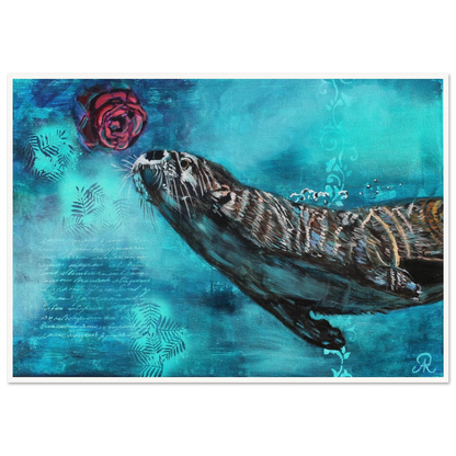 contemporary painting of an otter smelling a red rose with blue turquoise background by Antje Reitler Art
