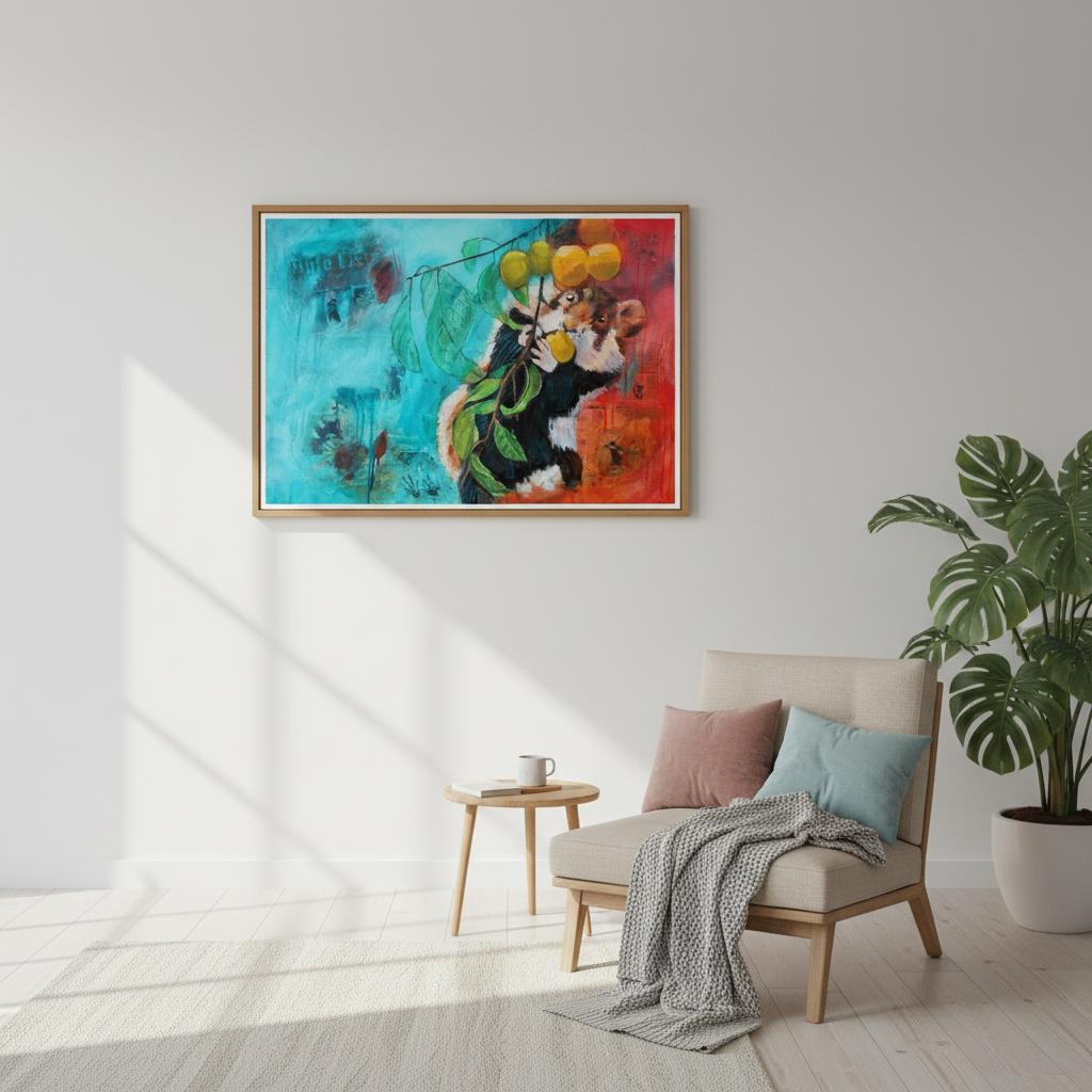 contemporary painting of a hamster eating mirabelles with blue and orange background by Antje Reitler Art