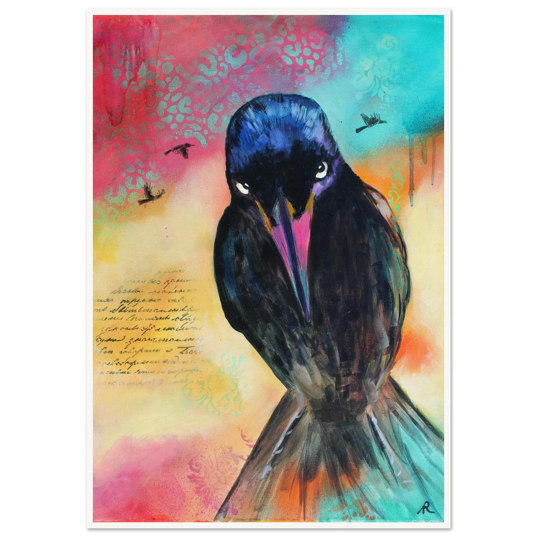 contemporary painting of a black bird with multi colored background by Antje Reitler Art