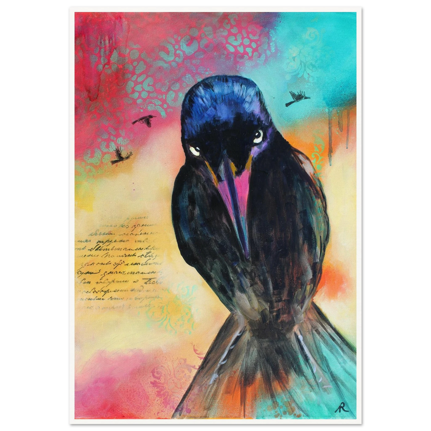 contemporary painting of a black bird with multi colored background by Antje Reitler Art