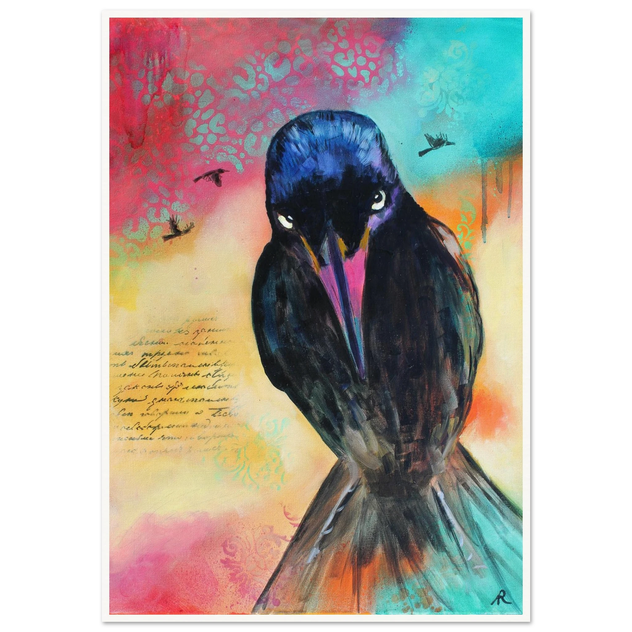 contemporary painting of a black bird with multi colored background by Antje Reitler Art