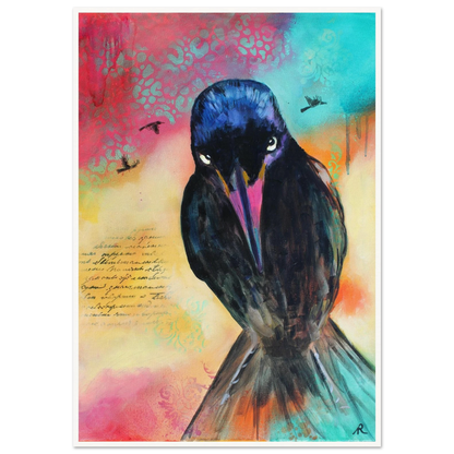 contemporary painting of a black bird with multi colored background by Antje Reitler Art