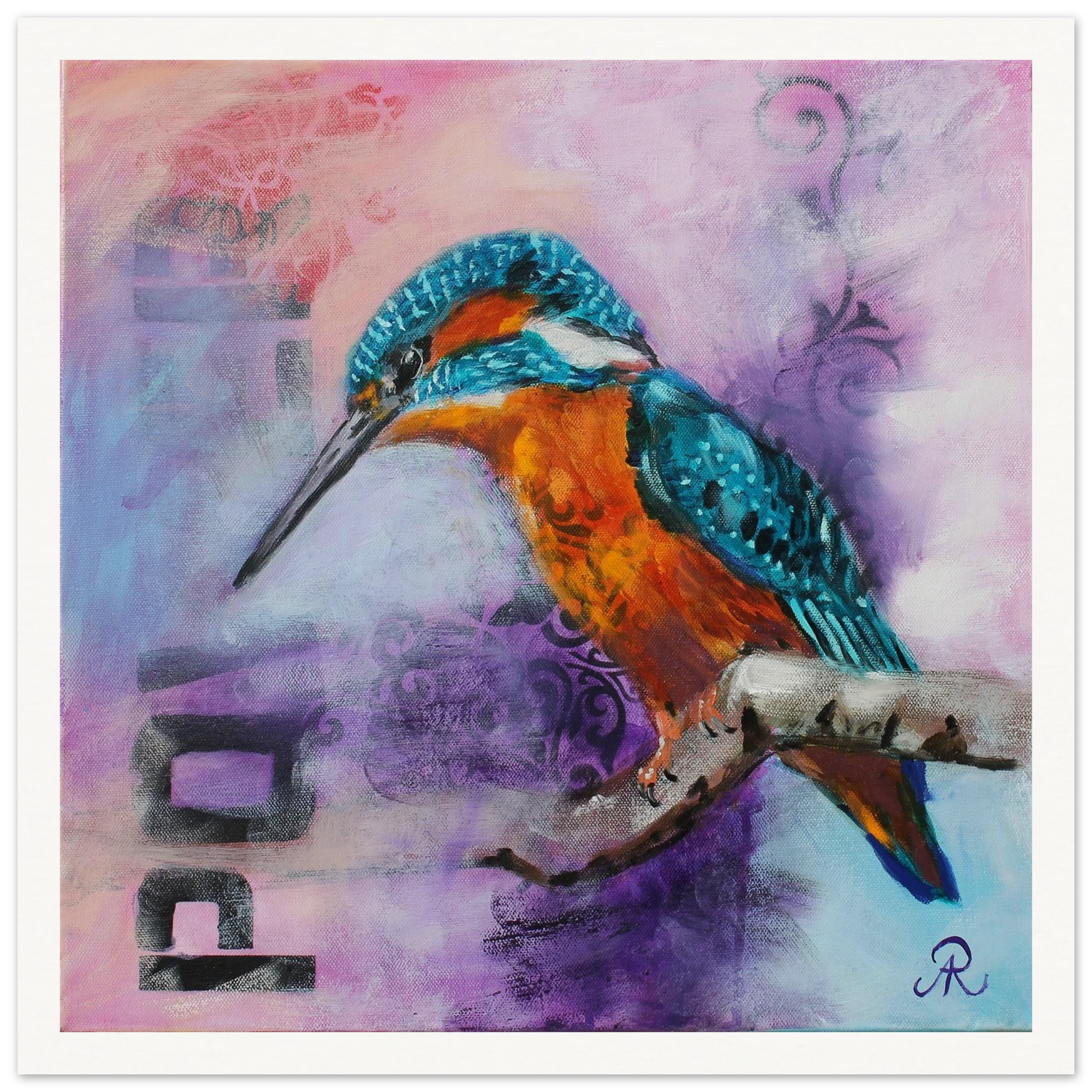 contemporary painting of a Kingfisher on a branch with light blue and purple background by Antje Reitler Art