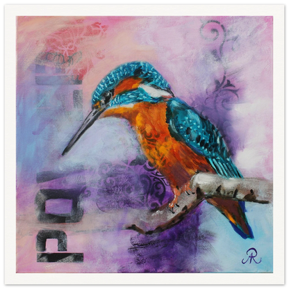 contemporary painting of a Kingfisher on a branch with light blue and purple background by Antje Reitler Art