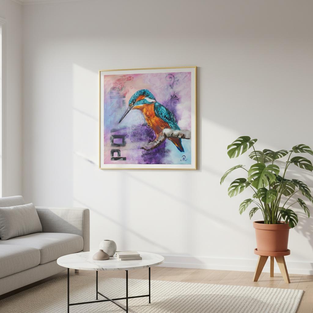 contemporary painting of a Kingfisher on a branch with light blue and purple background by Antje Reitler Art