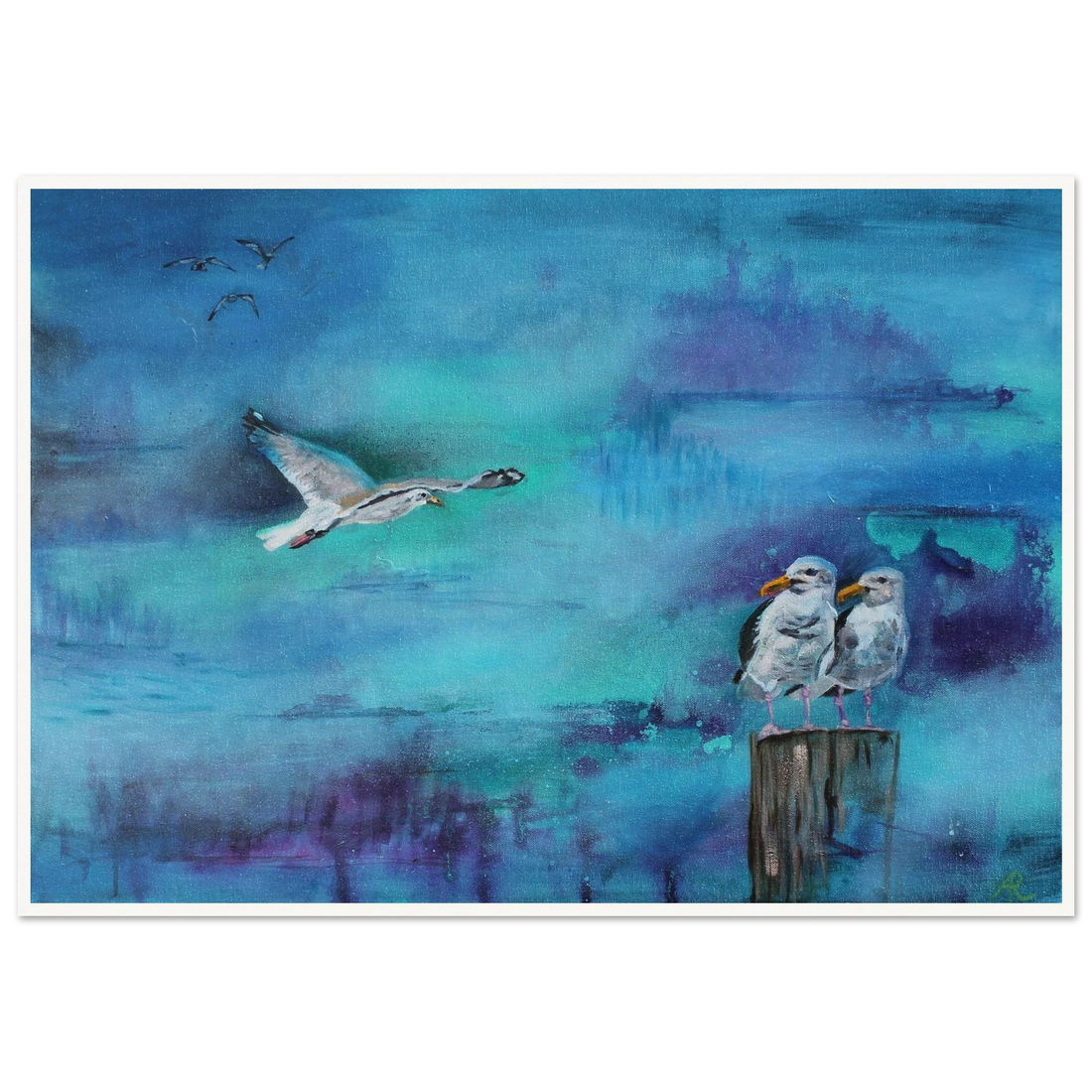 painting of an abstract landscape in blue with seagulls by Antje Reitler Art