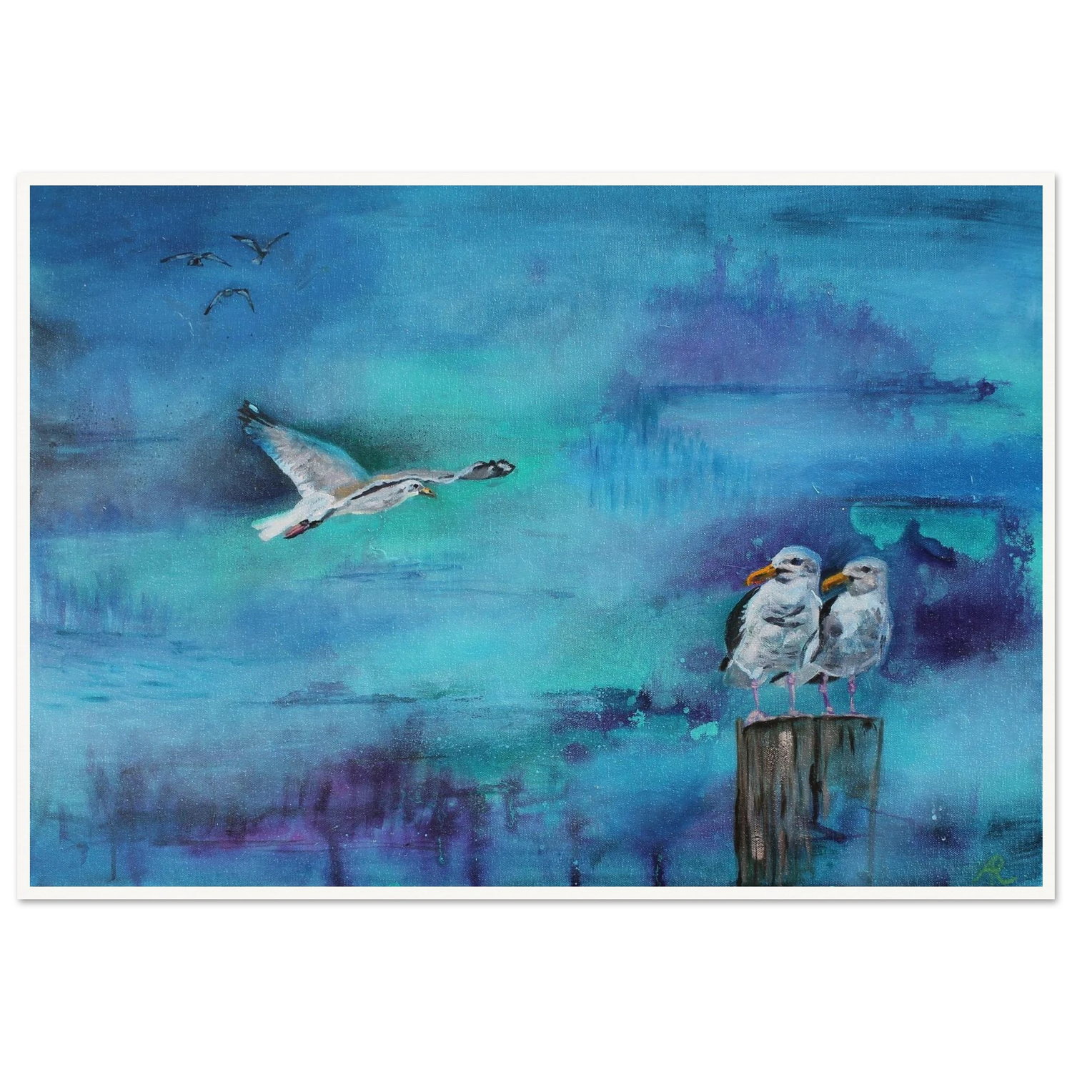 painting of an abstract landscape in blue with seagulls by Antje Reitler Art