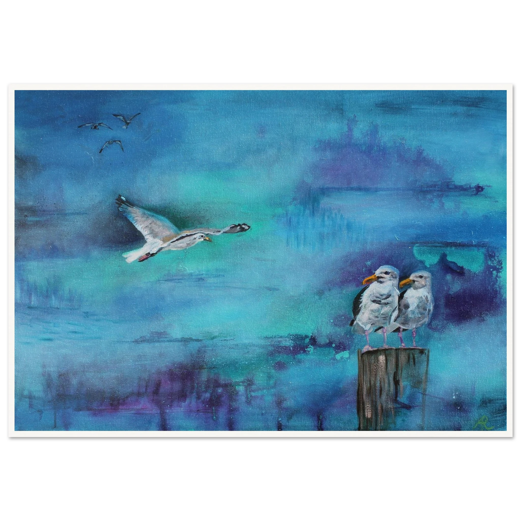 painting of an abstract landscape in blue with seagulls by Antje Reitler Art
