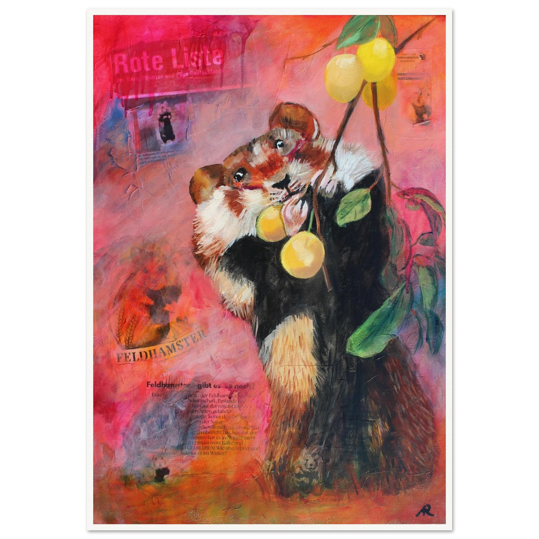 contemporary painting of a hamster eating mirabelles with pink orange background by Antje Reitler Art