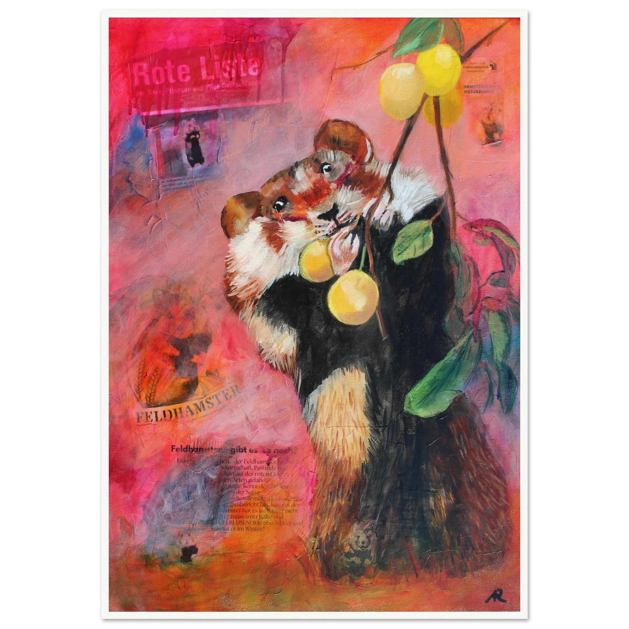 contemporary painting of a hamster eating mirabelles with pink orange background by Antje Reitler Art