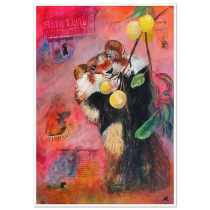 contemporary painting of a hamster eating mirabelles with pink orange background by Antje Reitler Art