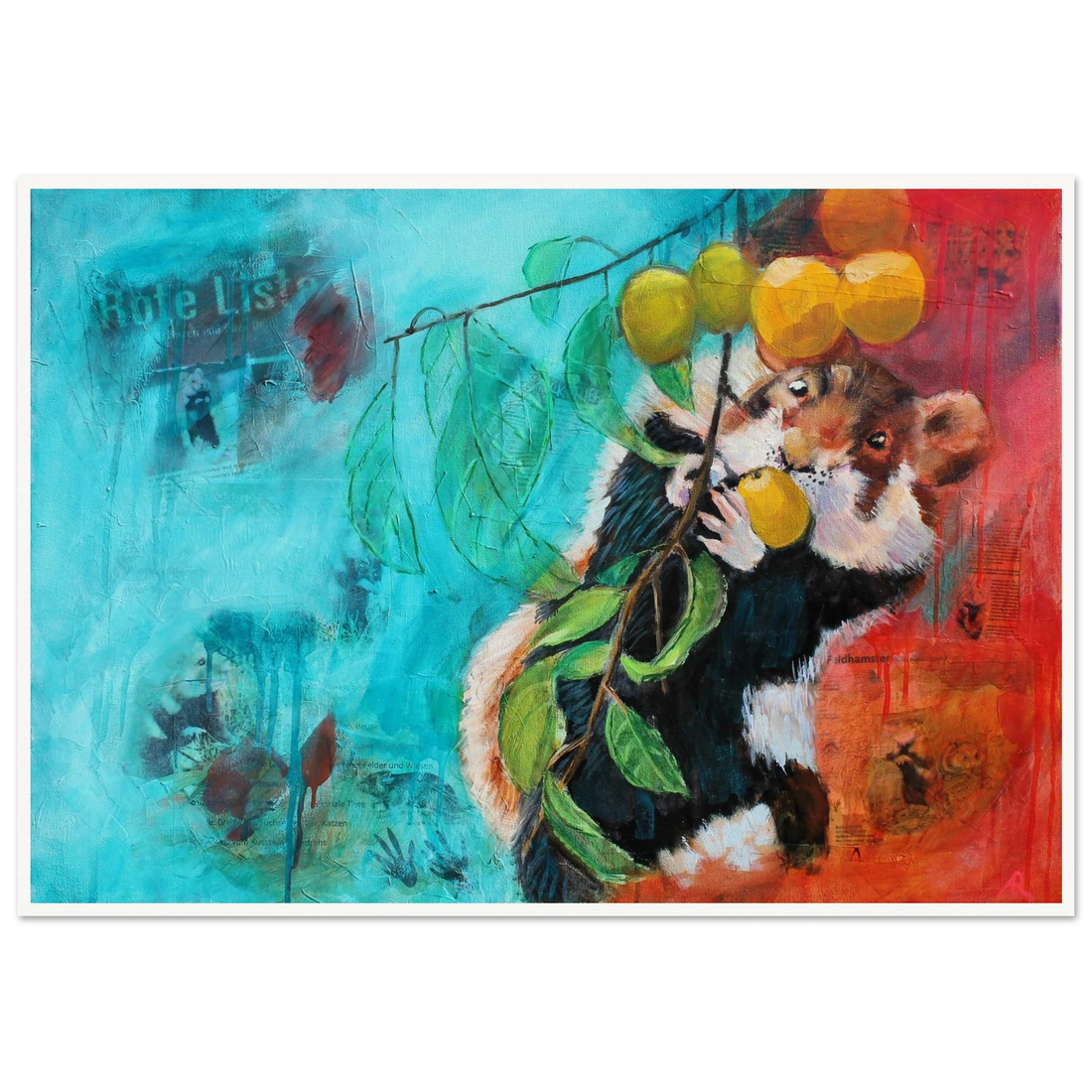 contemporary painting of a hamster eating mirabelles with blue and orange background by Antje Reitler Art