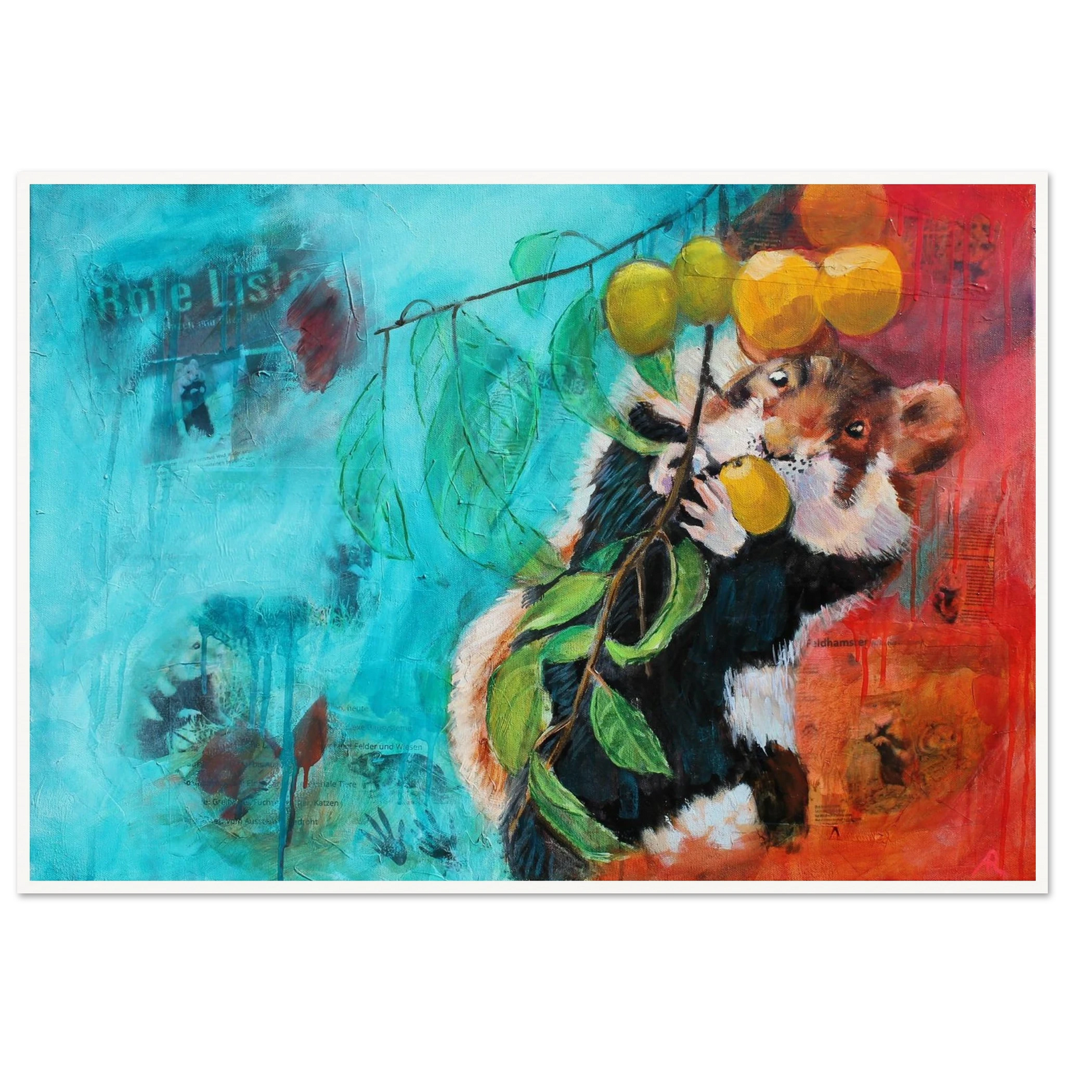 contemporary painting of a hamster eating mirabelles with blue and orange background by Antje Reitler Art