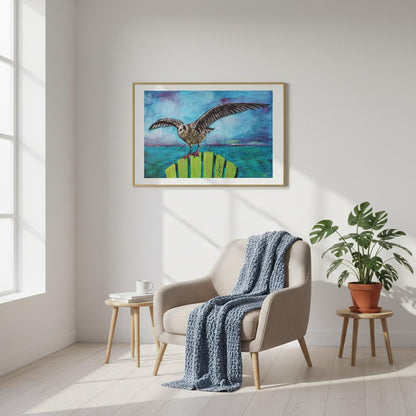 contemporary painting of young seagull on a chair with light blue turquoise background by Antje Reitler Art