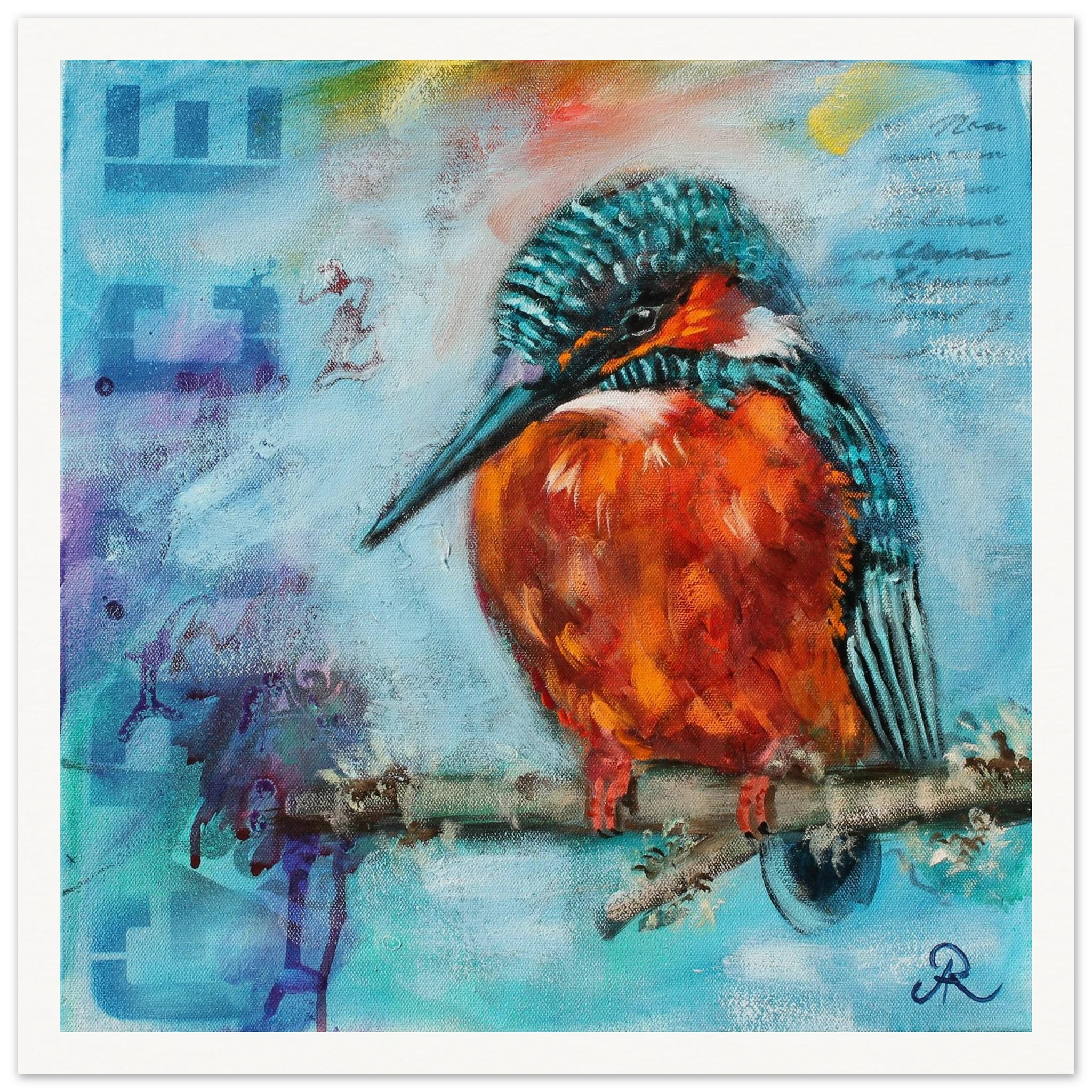 contemporary painting of a Kingfisher on a branch with fluffed up feathers and light blue background by Antje Reitler Art