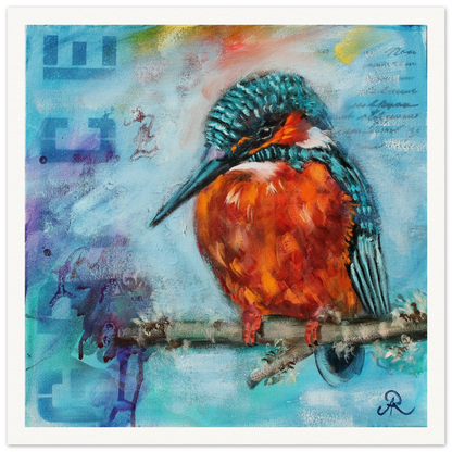 contemporary painting of a Kingfisher on a branch with fluffed up feathers and light blue background by Antje Reitler Art