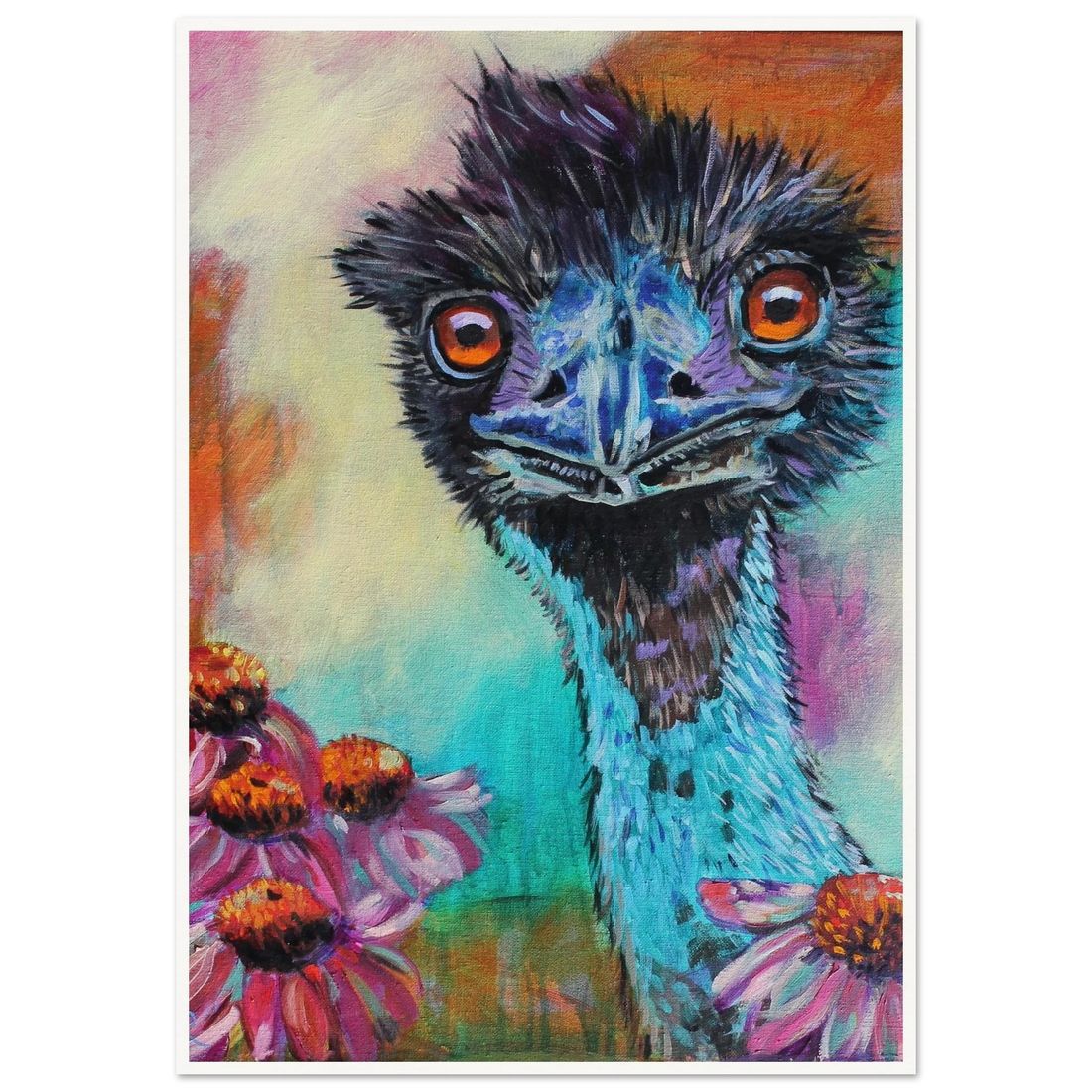contemporary painting of an Emu with Echinacea flowers by Antje Reitler Art