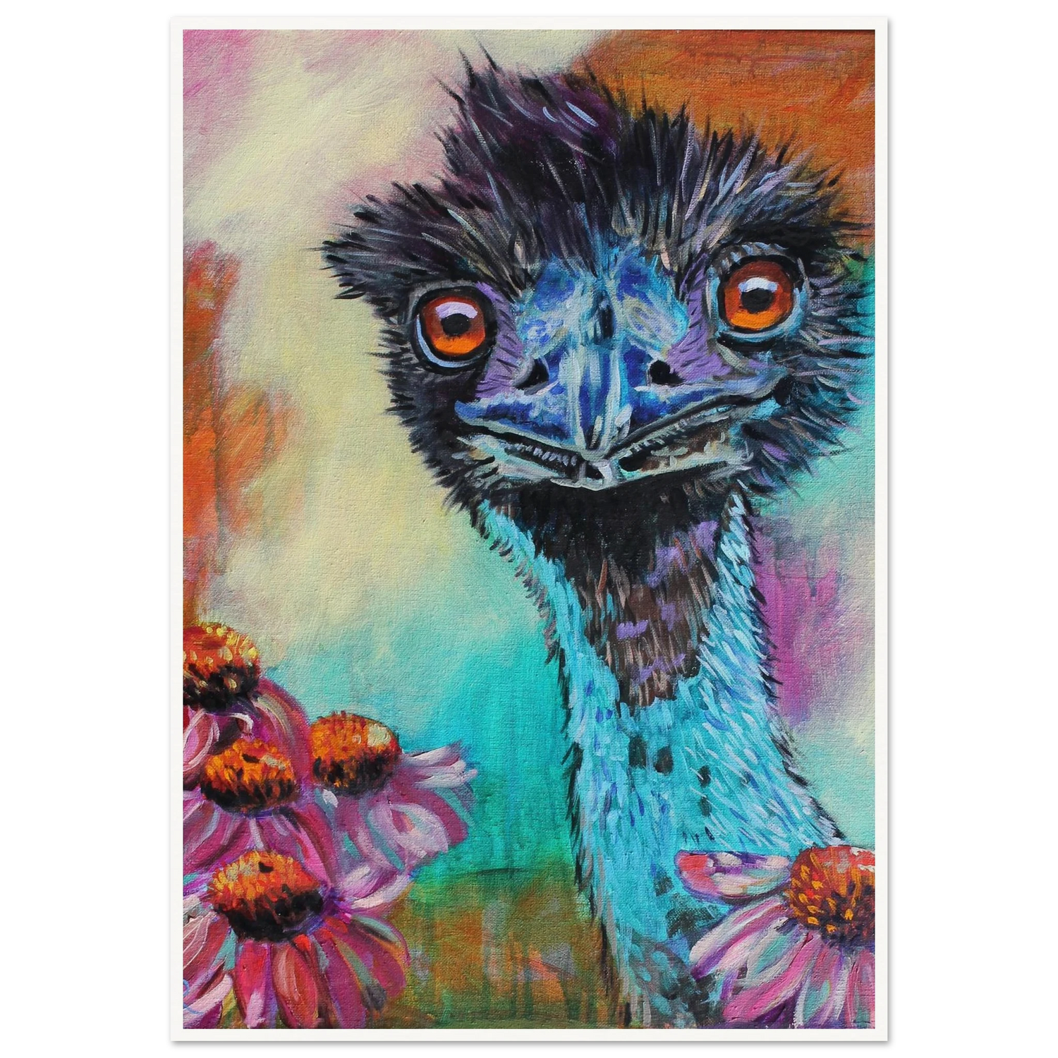 contemporary painting of an Emu with Echinacea flowers by Antje Reitler Art