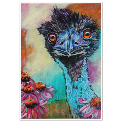 contemporary painting of an Emu with Echinacea flowers by Antje Reitler Art