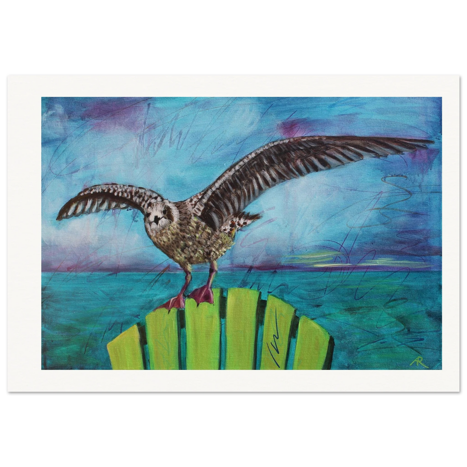 contemporary painting of young seagull on a chair with light blue turquoise background by Antje Reitler Art
