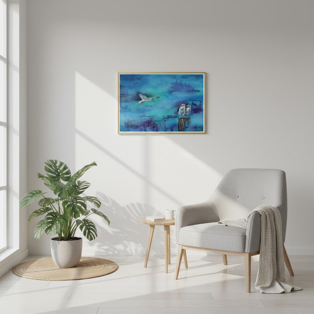 painting of an abstract landscape in blue with seagulls by Antje Reitler Art