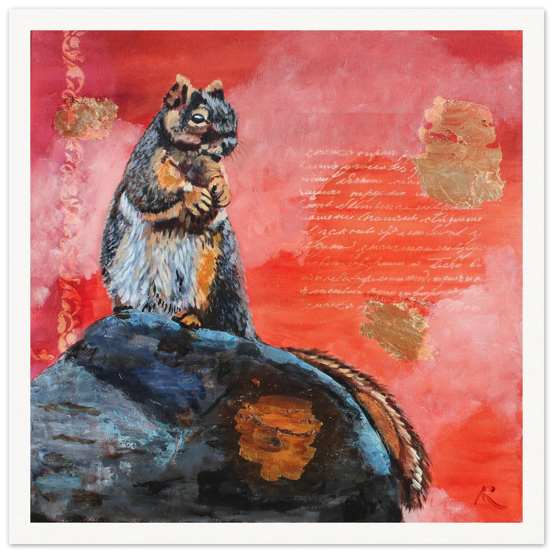 Painting of a squirrel on a rock with red orange background and goldleaf by Antje Reitler Art
