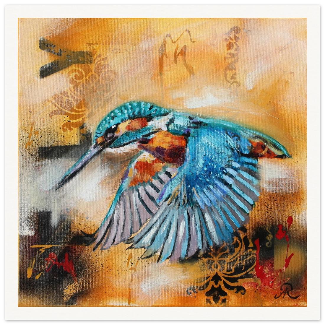 contemporary painting of a Kingfisher in flight with ochre background by Antje Reitler Art