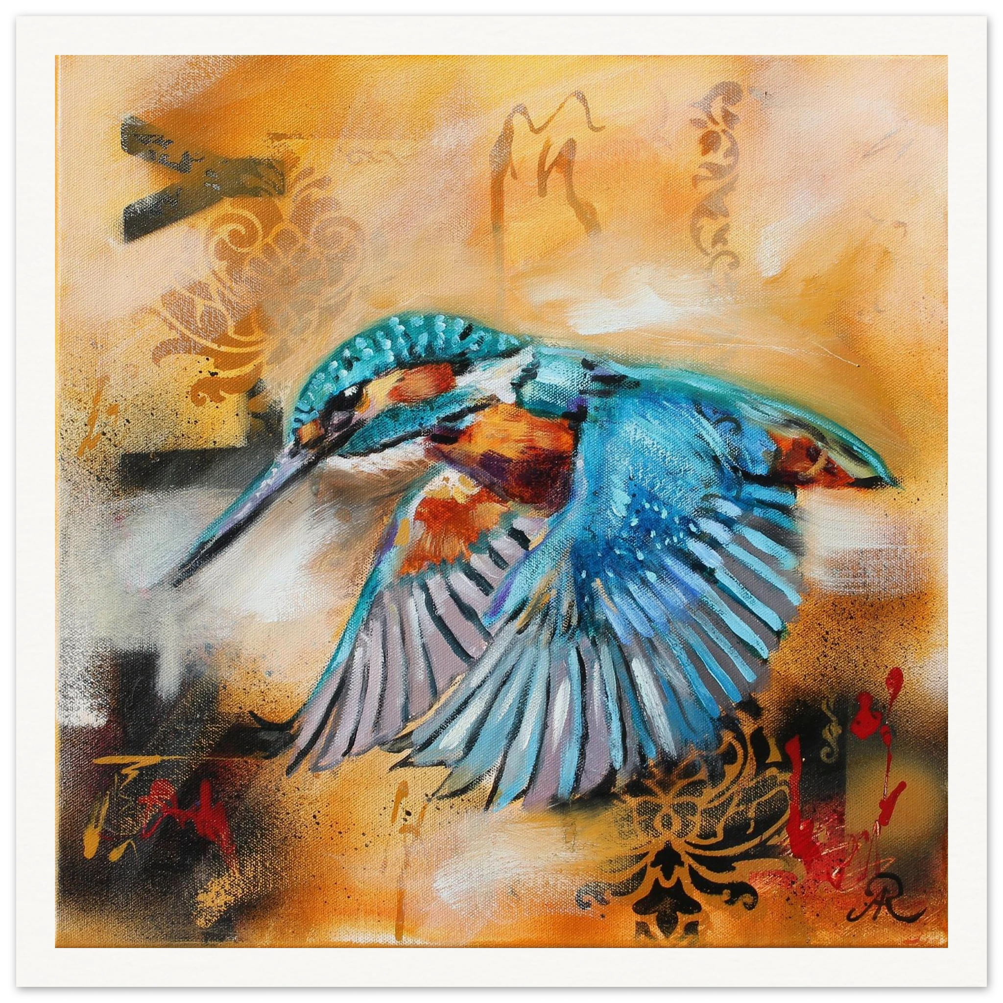 contemporary painting of a Kingfisher in flight with ochre background by Antje Reitler Art