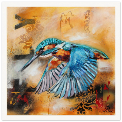contemporary painting of a Kingfisher in flight with ochre background by Antje Reitler Art