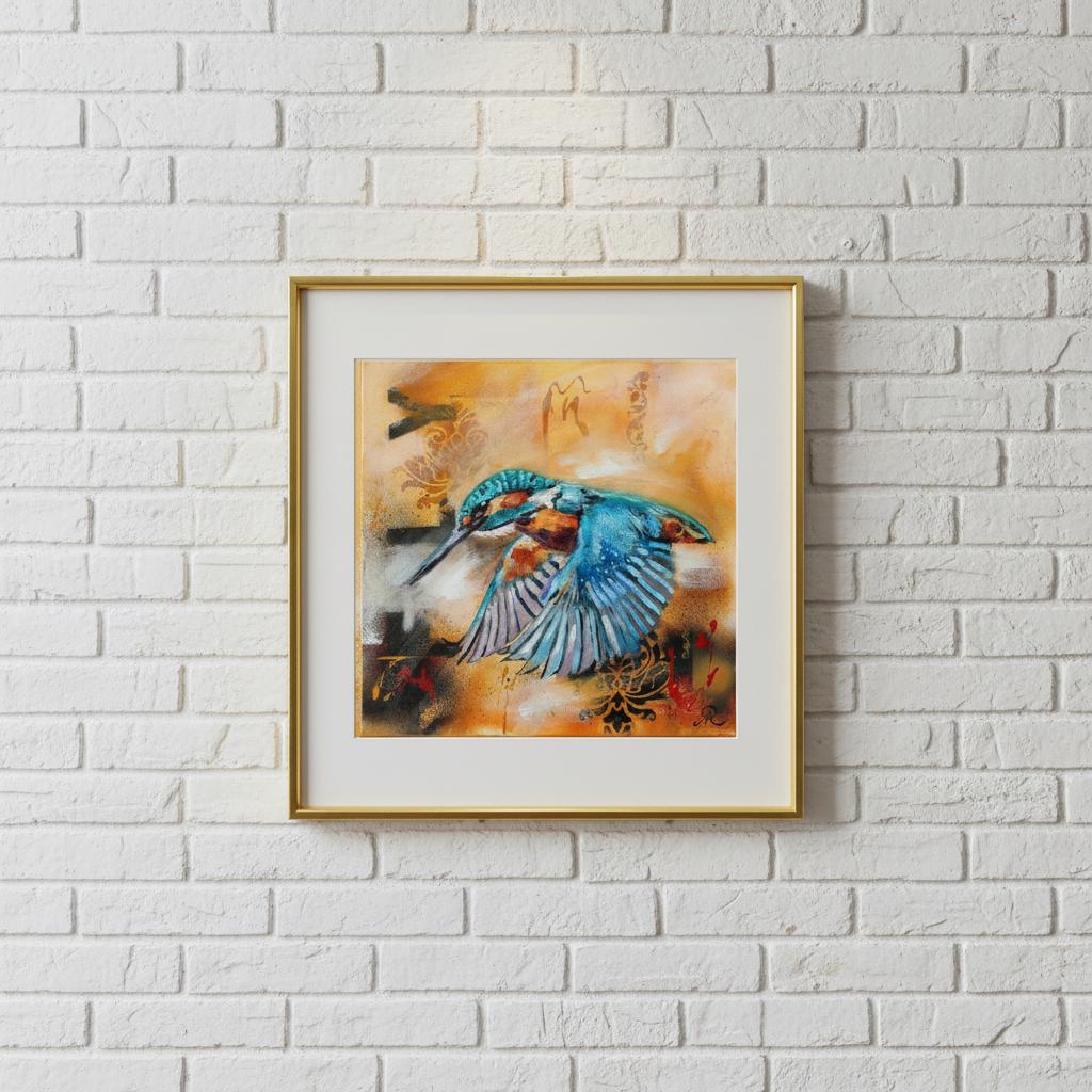 contemporary painting of a Kingfisher in flight with ochre background by Antje Reitler Art
