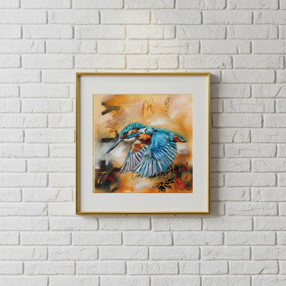 contemporary painting of a Kingfisher in flight with ochre background by Antje Reitler Art