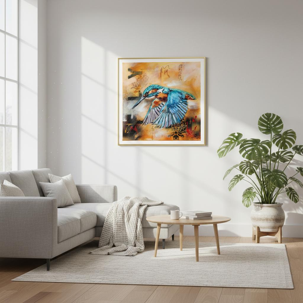 contemporary painting of a Kingfisher in flight with ochre background by Antje Reitler Art