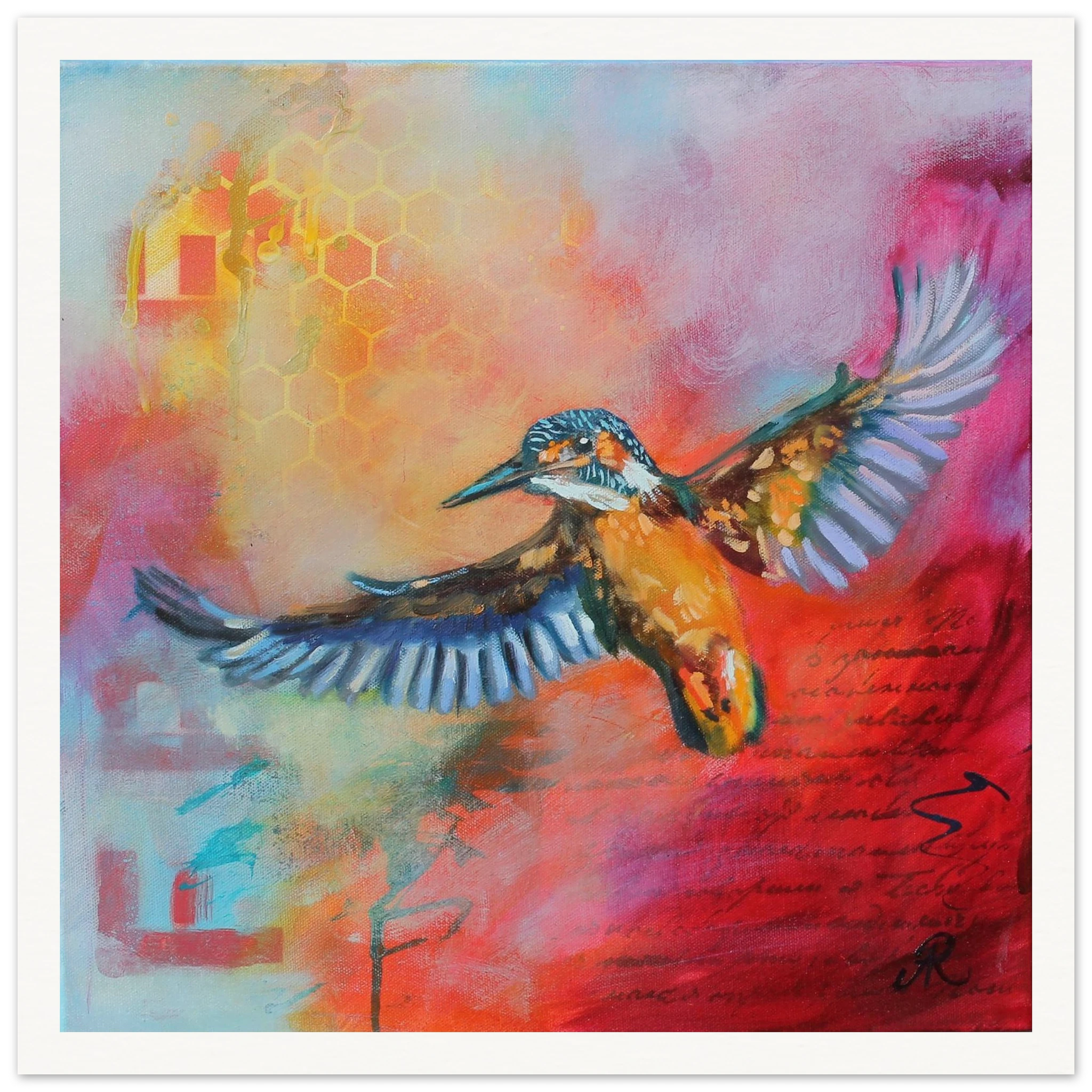 contemporary painting of a Kingfisher spreading its wings with red and light blue background by Antje Reitler Art