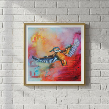 contemporary painting of a Kingfisher spreading its wings with red and light blue background by Antje Reitler Art