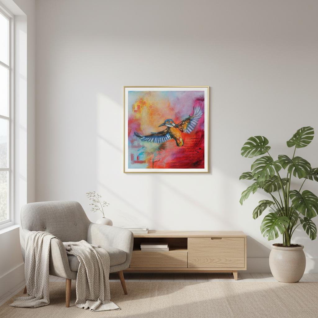 contemporary painting of a Kingfisher spreading its wings with red and light blue background by Antje Reitler Art