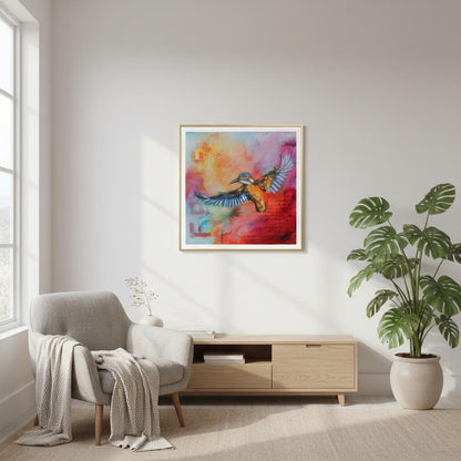 contemporary painting of a Kingfisher spreading its wings with red and light blue background by Antje Reitler Art