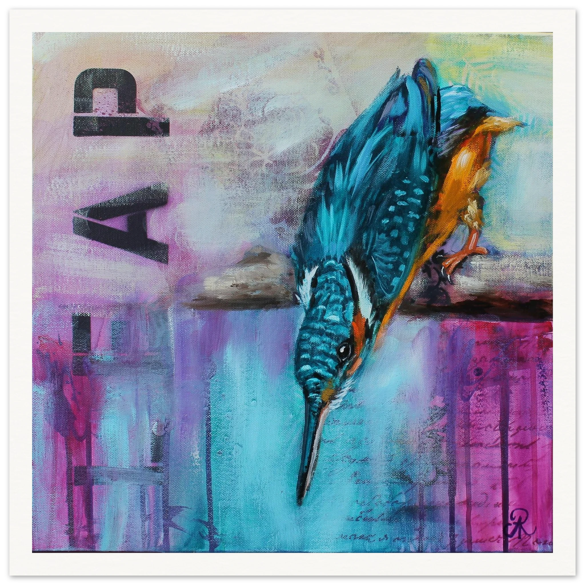 Mondern Painting of Kingfisher looking down with light blue and purple background by Antje Reitler Art