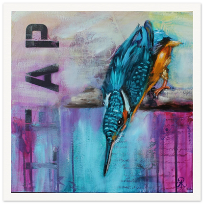 Mondern Painting of Kingfisher looking down with light blue and purple background by Antje Reitler Art