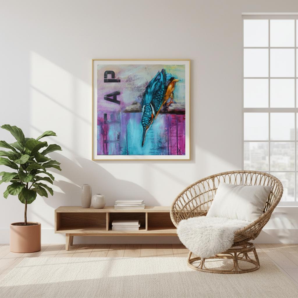 Mondern Painting of Kingfisher looking down with light blue and purple background by Antje Reitler Art