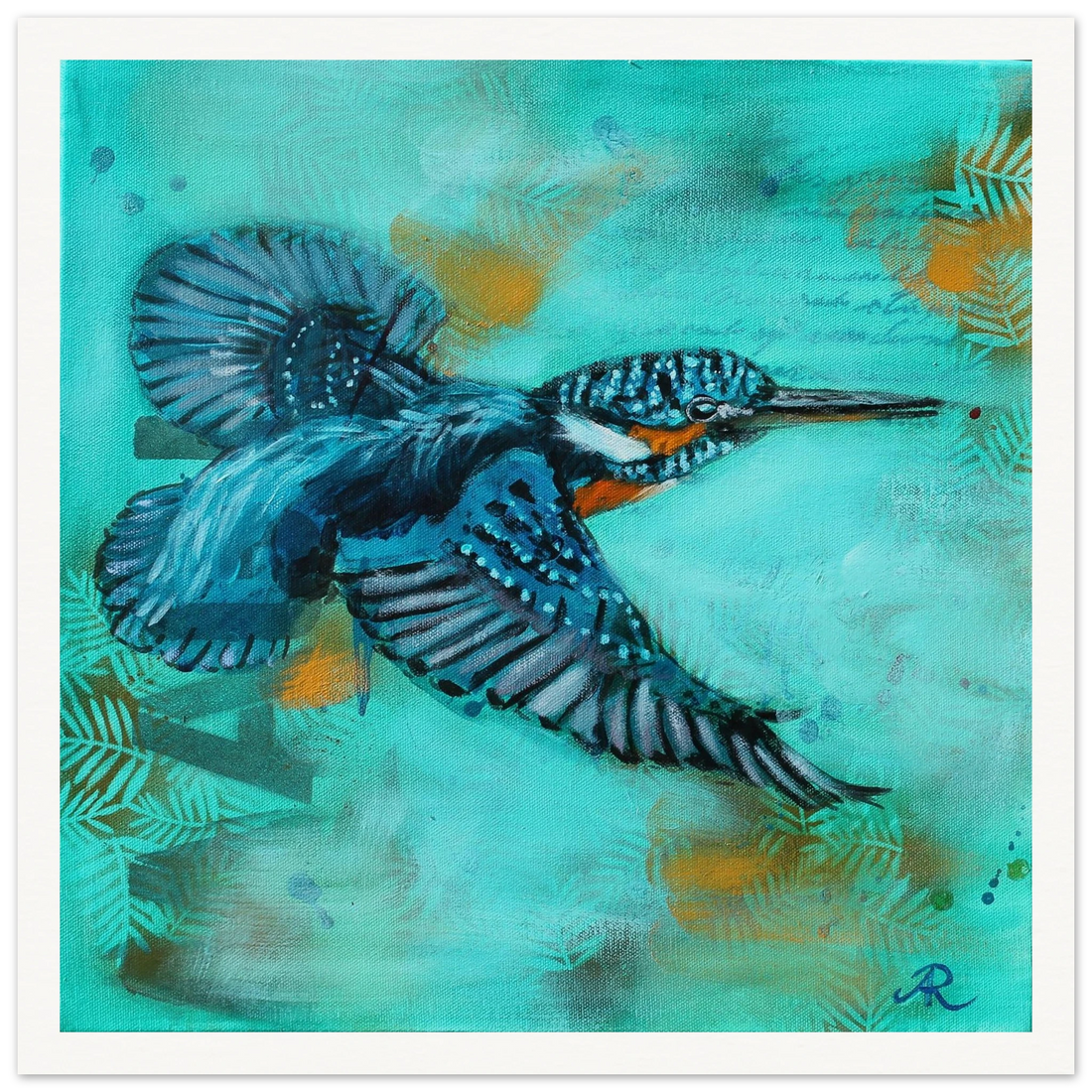 contemporary painting of a Kingfisher with turquoise green background by Antje Reitler Art