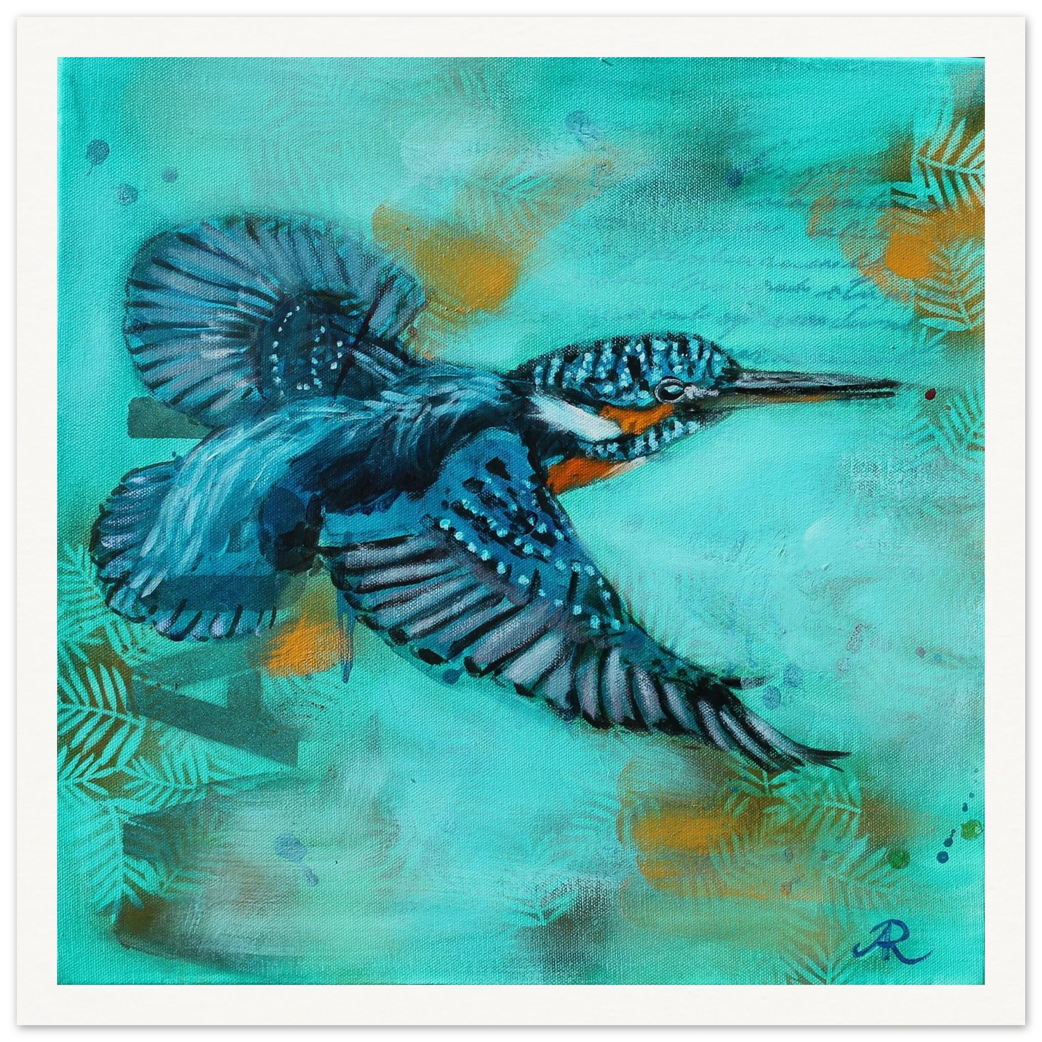 contemporary painting of a Kingfisher with turquoise green background by Antje Reitler Art